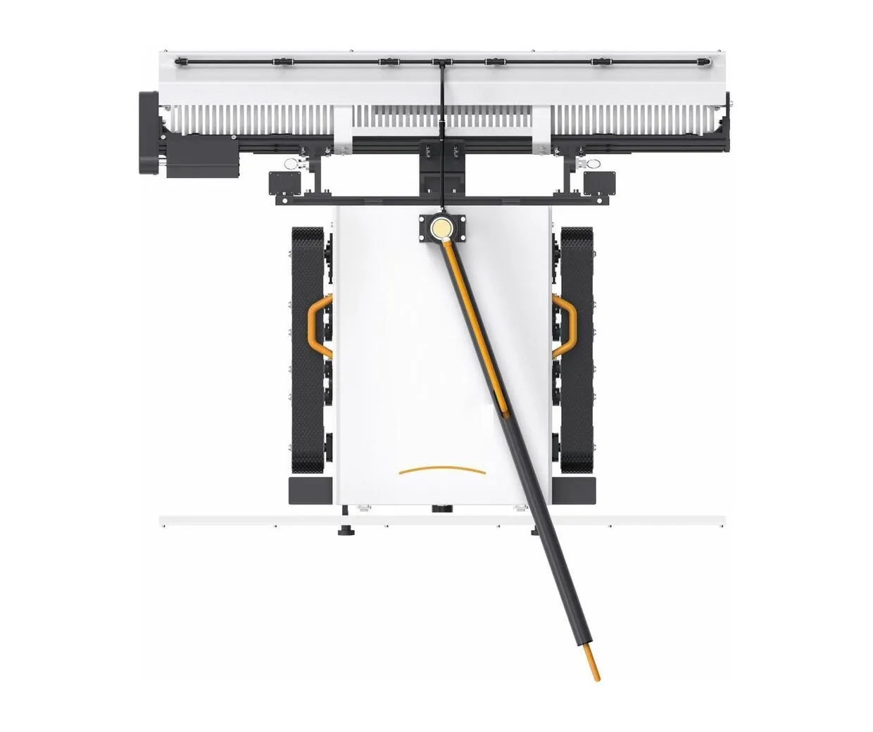 Plan view of the R-Series: one full-width brush bar ahead of a tracked chassis