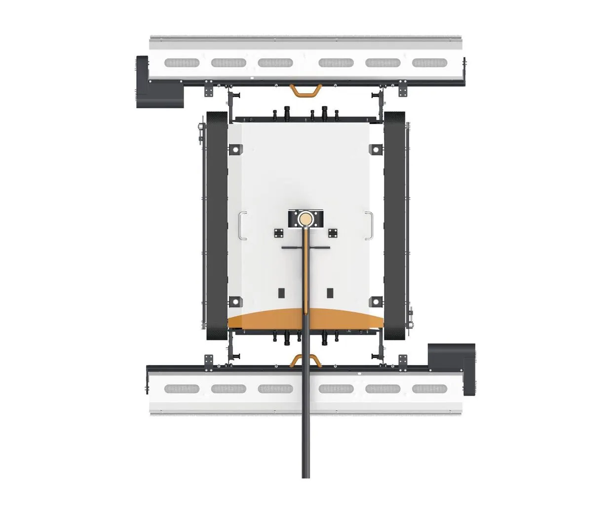 Plan view of the T-Series: two brush bars either side of a tracked chassis